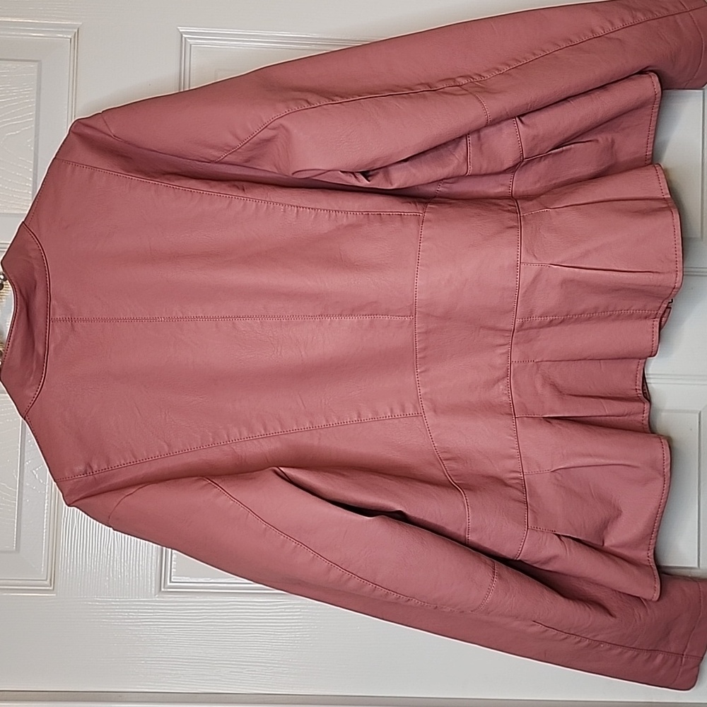 Baccini Blush Soft Pink Vegan Leather Zip Up Peplum Longsleeve Jacket Coat - Picture 5 of 12